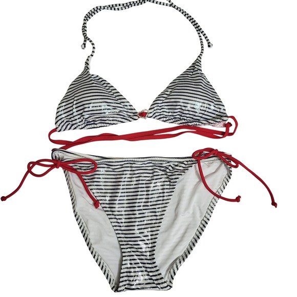 Victoria's Secret Bikini 2pc Set Striped Navy Red Rhinestone Heart Detail M/L - Picture 1 of 6